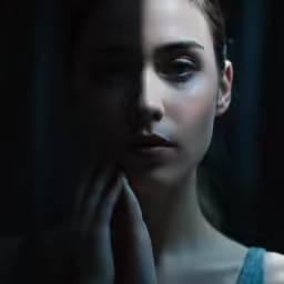 a woman with black eyes and dark makeup standing in a dark room