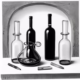 a drawing of three different bottles and two other items
