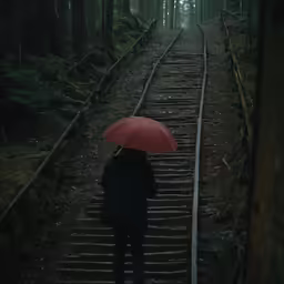 a person standing on train tracks with an umbrella