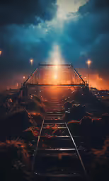 a sunset in a coal filled area next to a set of train tracks