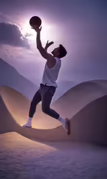 a man is holding a basketball up in the air