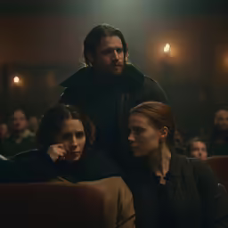 a man with a beard stands in front of two young women