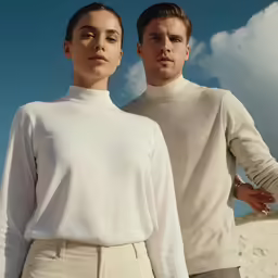 a man and a woman are standing next to each other on the beach