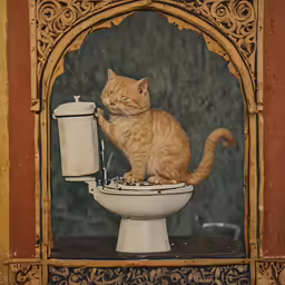 a cat sitting on a toilet in a display window