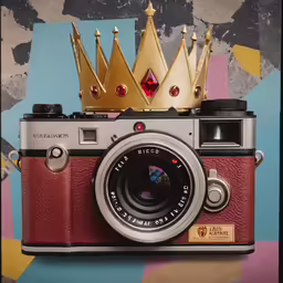 there is an old camera with three crowns on top