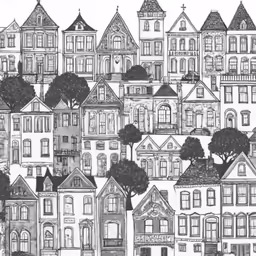 black and white drawing of a row of houses