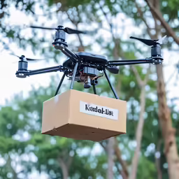 a box is carried by a large robotic on a crane