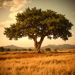 large tree growing on top of brown grass and a hill