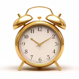 an old - style gold alarm clock with the hands raised