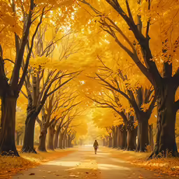 a woman is walking down a tree lined road