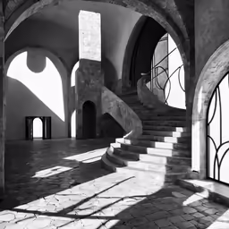 a stair case with a stone floor and walls