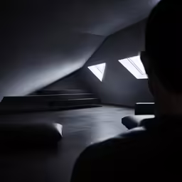 a person sitting on top of a bed in the dark