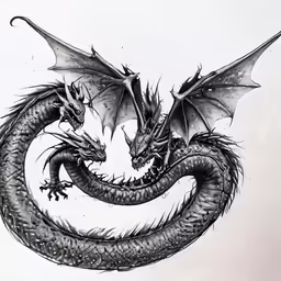 an ink drawing of a dragon with long tail and big, green eyes