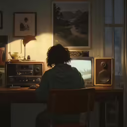 a person sits in front of an old fashioned tv