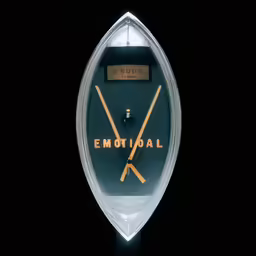 an illuminated pendulum clock with the words emotial printed on it