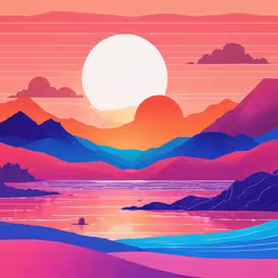 a painting with hills and mountains in the background,a bright sunset and mountains with the sun setting over water