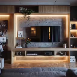 the couch is facing a television and some shelves
