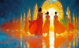two models in bright dresses walking down the runway