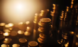 a stack of coins is shown with the sun shining