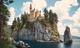 a castle perched on the side of a cliff above the water