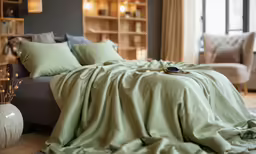 there is a large bed covered with an ultra green blanket