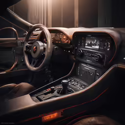 the interior of a car with black and brown leather