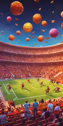 a painting of a soccer game with balloons floating overhead,soccer match with many balls being thrown into the air