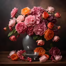 a vase with some pink and orange flowers
