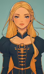 a woman with blonde hair wearing a blue dress and a necklace
