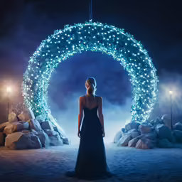 a woman standing in front of an illuminated circular wreath