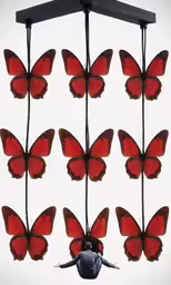 a man flying through the air with many red butterflies hanging from a light fixture