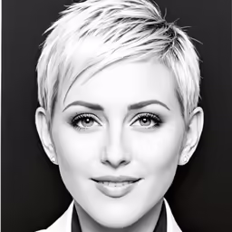 a black and white portrait of a woman with short hair