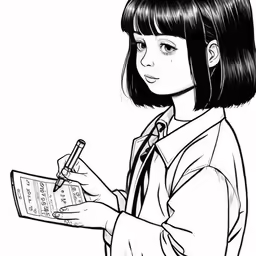 a girl with dark hair holding a pen and looking at her book