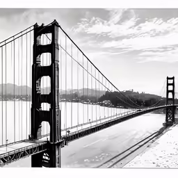 a bridge that is surrounded by water in front of mountains
