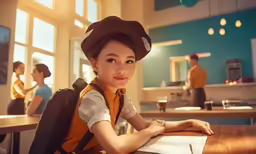 the woman in the orange vest is sitting in front of a desk
