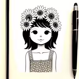 a drawing of a girl with sunflowers in her hair,a cartoon drawing of a girl wearing sunflowers