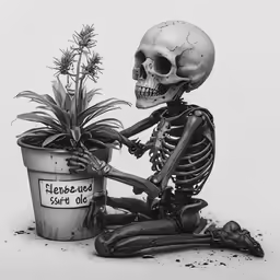 a skeleton sits next to a potted plant
