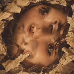 the girl with blue eyes lies in autumn leaves
