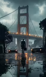 man holding an umbrella walking across a wet sidewalk