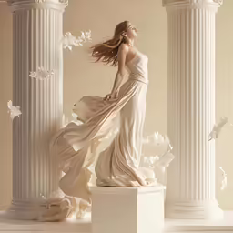 a woman wearing a dress standing on white pedestals