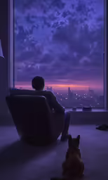 a boy sits looking out at a night sky and stars