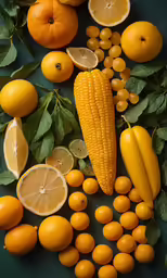 corn, oranges, and other foods are shown here