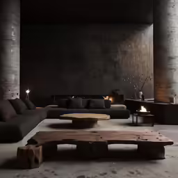 a black and grey living room with wooden furniture