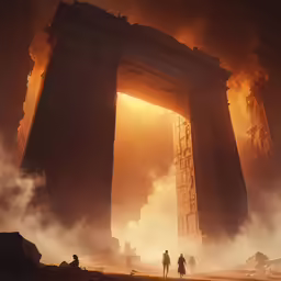 two people are walking in the mist towards a giant gate
