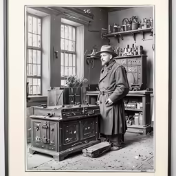an old photograph of a man in his workshop