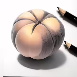 some pencils and a big grey and black stuffed animal