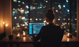 a woman sits in a chair at her computer