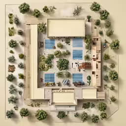a plan of some sort on the ground with trees and buildings
