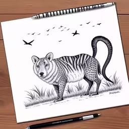 an animal drawn in ink and watercolor,a pencil drawing of a tiger on paper