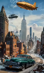 this is a photograph of a big city and a car and a plane
